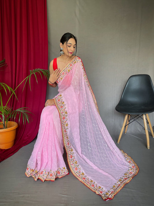 Unique Banglori Silk Sequence Work Pink Color Saree