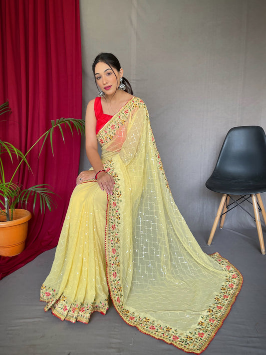 Unique Banglori Silk Sequence Work Yellow Color Saree
