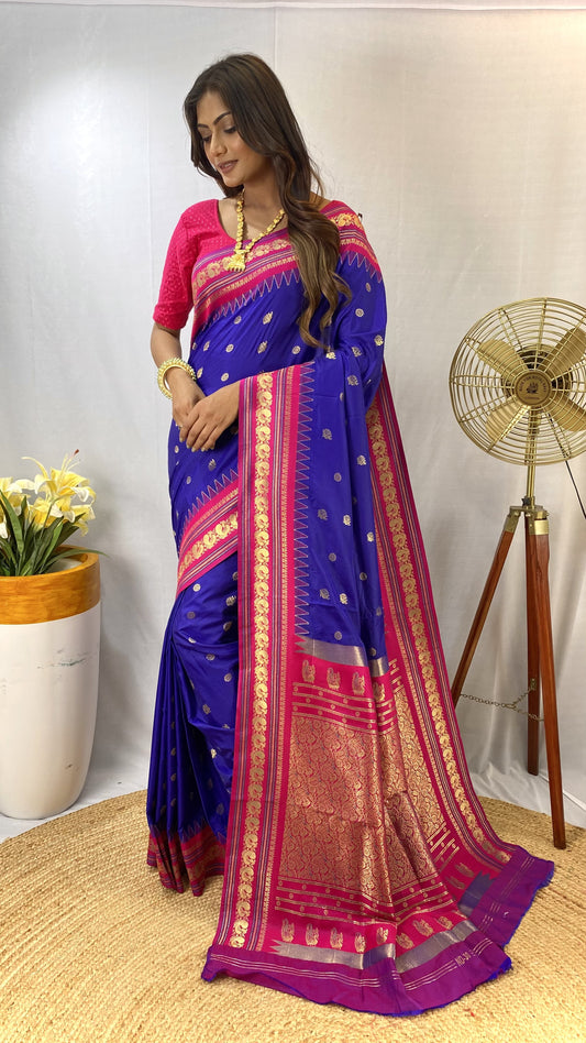 Presenting Silk Golden Zari Weaving Blue Color Saree