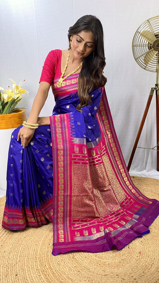 Presenting Silk Golden Zari Weaving Blue Color Saree