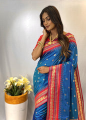 Presenting Silk Golden Zari Weaving Sky Blue Color Saree