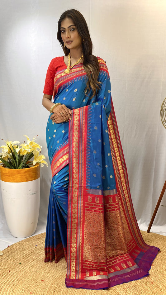 Presenting Silk Golden Zari Weaving Sky Blue Color Saree