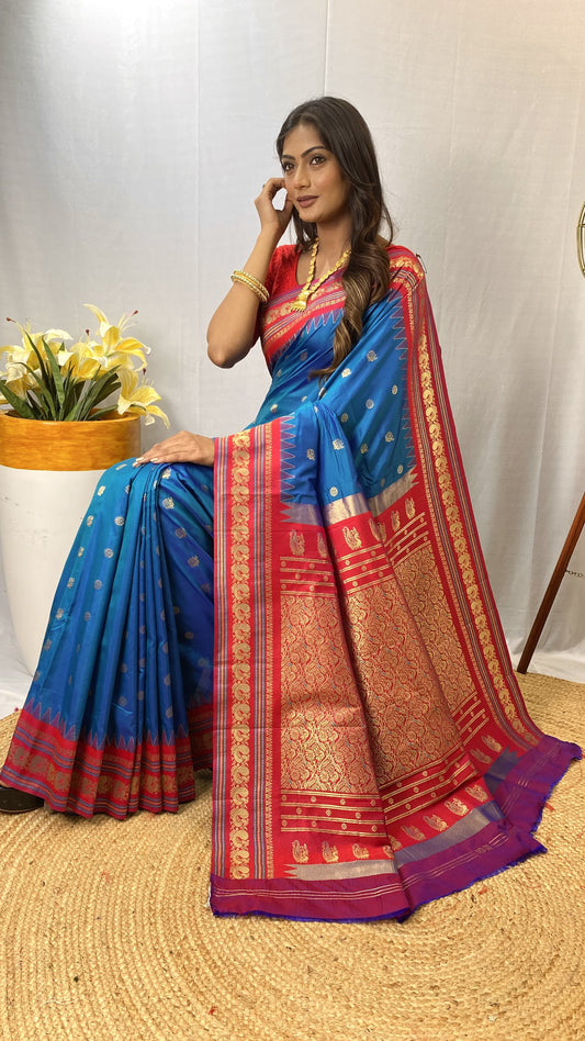 Presenting Silk Golden Zari Weaving Sky Blue Color Saree