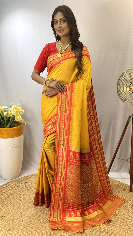 Presenting Silk Golden Zari Weaving Mustard Color Saree