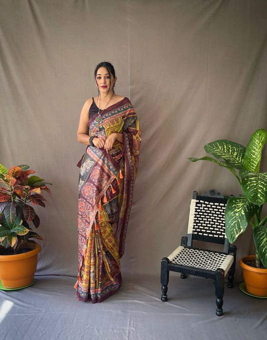 Fantastic Pure Malai Cotton Kalamkari Yellow Saree