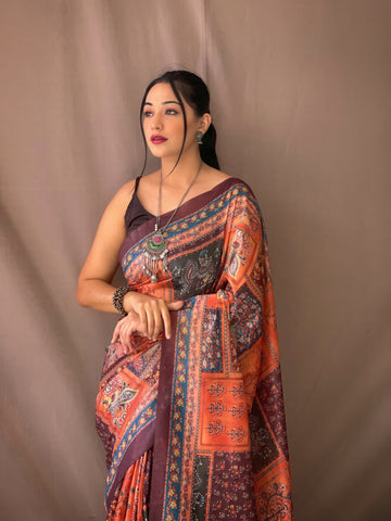 Fantastic Pure Malai Cotton Kalamkari Orange Saree