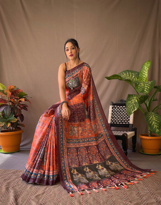 Fantastic Pure Malai Cotton Kalamkari Orange Saree