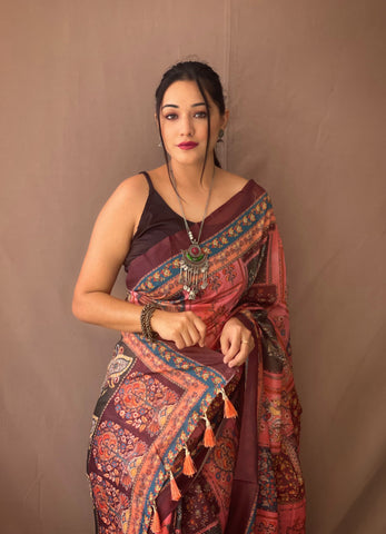 Fantastic Pure Malai Cotton Kalamkari Pink Saree