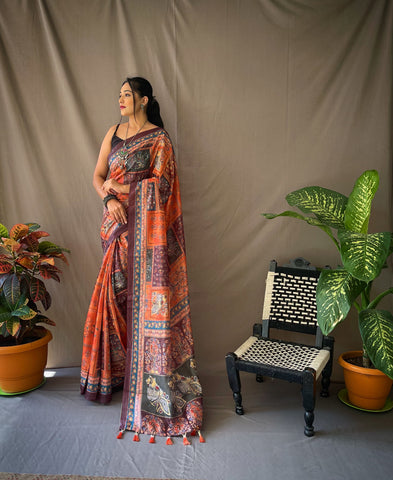Fantastic Pure Malai Cotton Kalamkari Orange Saree