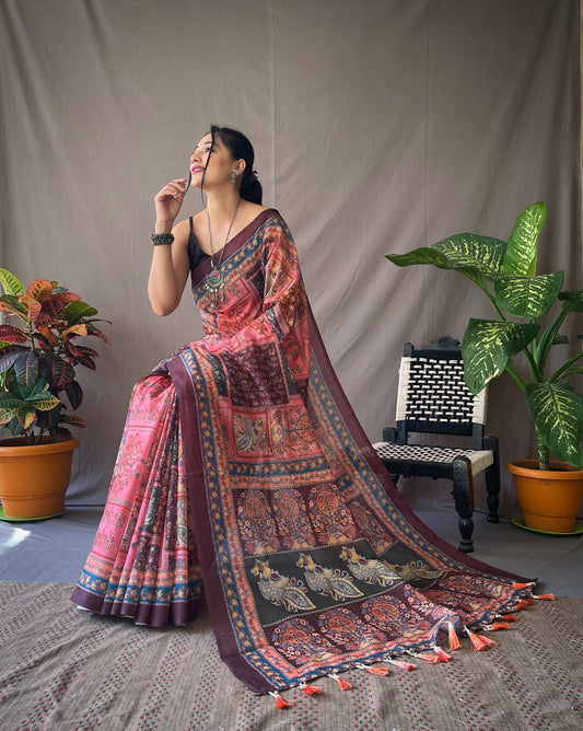 Fantastic Pure Malai Cotton Kalamkari Pink Saree
