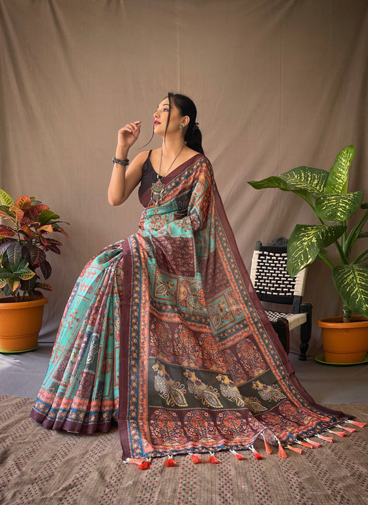 Fantastic Pure Malai Cotton Kalamkari Sky Blue Saree