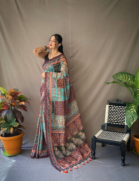 Fantastic Pure Malai Cotton Kalamkari Sky Blue Saree