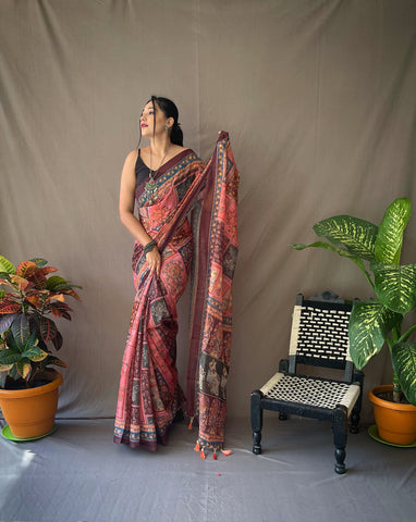 Fantastic Pure Malai Cotton Kalamkari Pink Saree