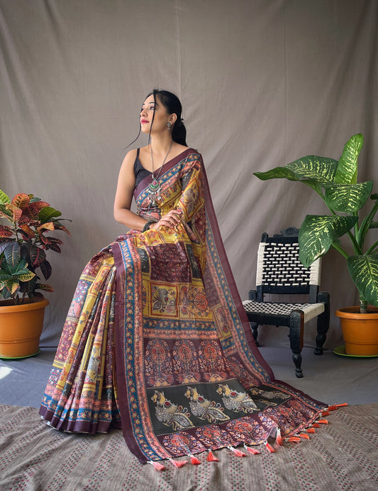 Fantastic Pure Malai Cotton Kalamkari Yellow Saree
