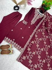 Pretty Red Color Chinon Silk Sequence Work Salwar Suit