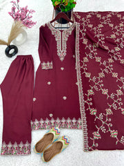 Pretty Red Color Chinon Silk Sequence Work Salwar Suit