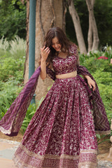 Captivating Wine Color Embroidered Work Lehengha Choli