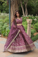 Captivating Wine Color Embroidered Work Lehengha Choli