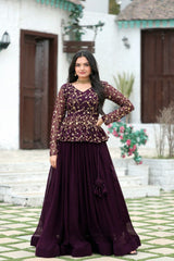 Outstanding Embroidered Sequence Work Wine Color Top With Lehenga