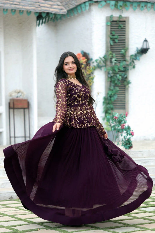 Outstanding Embroidered Sequence Work Wine Color Top With Lehenga