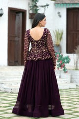 Outstanding Embroidered Sequence Work Wine Color Top With Lehenga