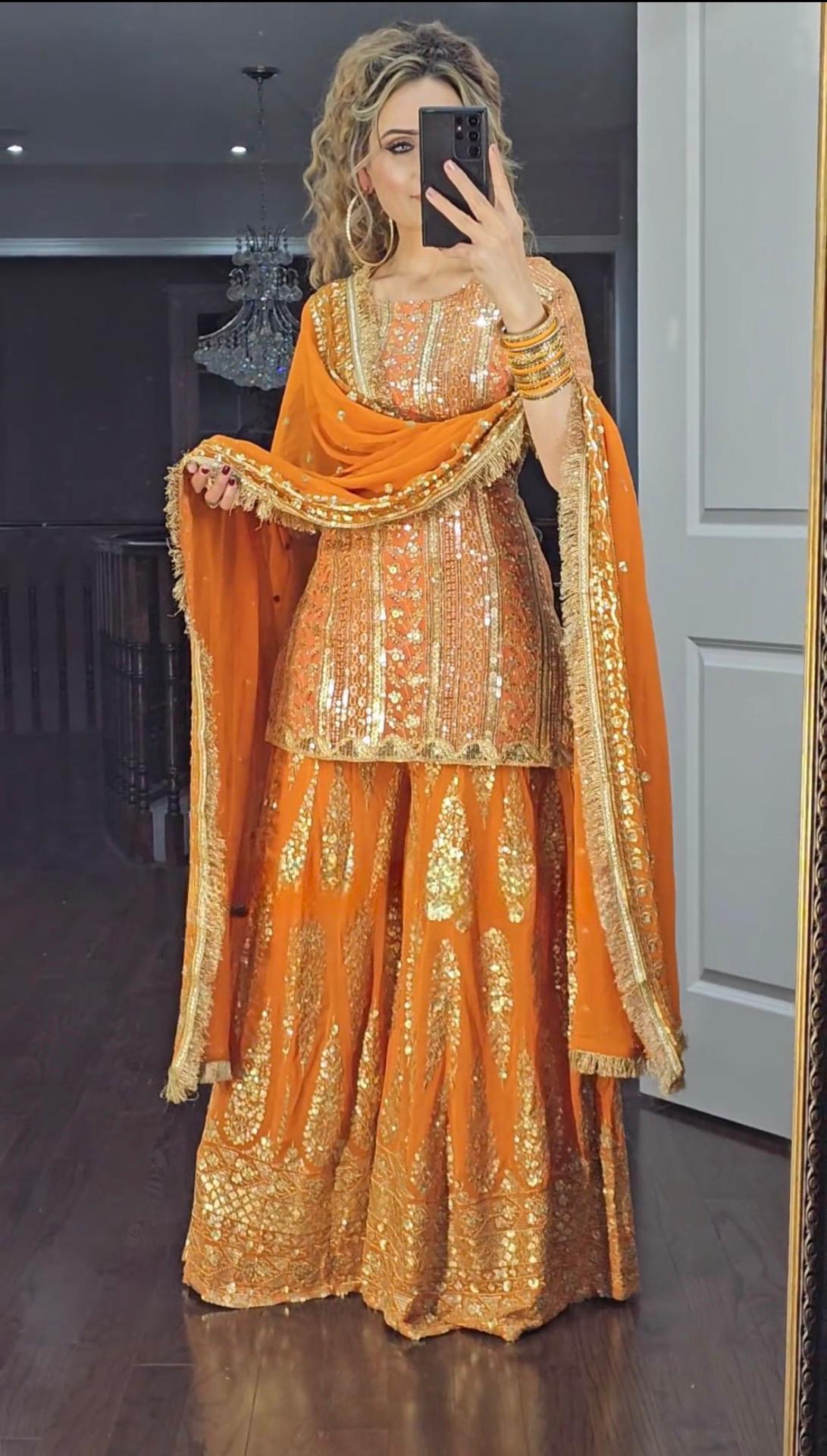 Charming Georgette 5mm Embroidery Work Orange Color Sharara Suit