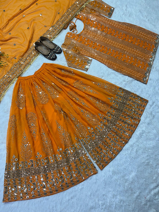 Charming Georgette 5mm Embroidery Work Orange Color Sharara Suit