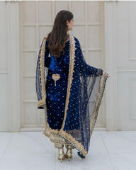 Fantastic Blue Color Velvet Embroidery Work Salwar Suit