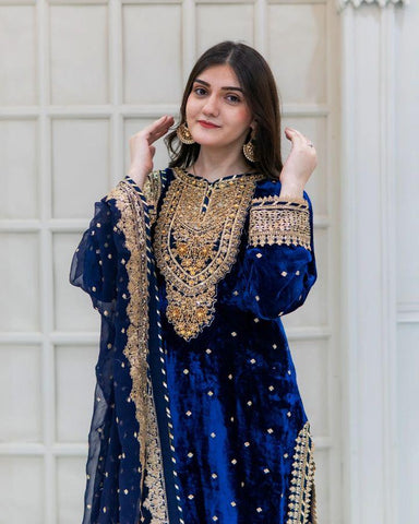 Fantastic Blue Color Velvet Embroidery Work Salwar Suit
