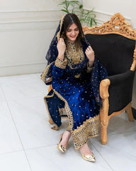 Fantastic Blue Color Velvet Embroidery Work Salwar Suit