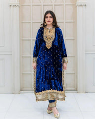 Fantastic Blue Color Velvet Embroidery Work Salwar Suit