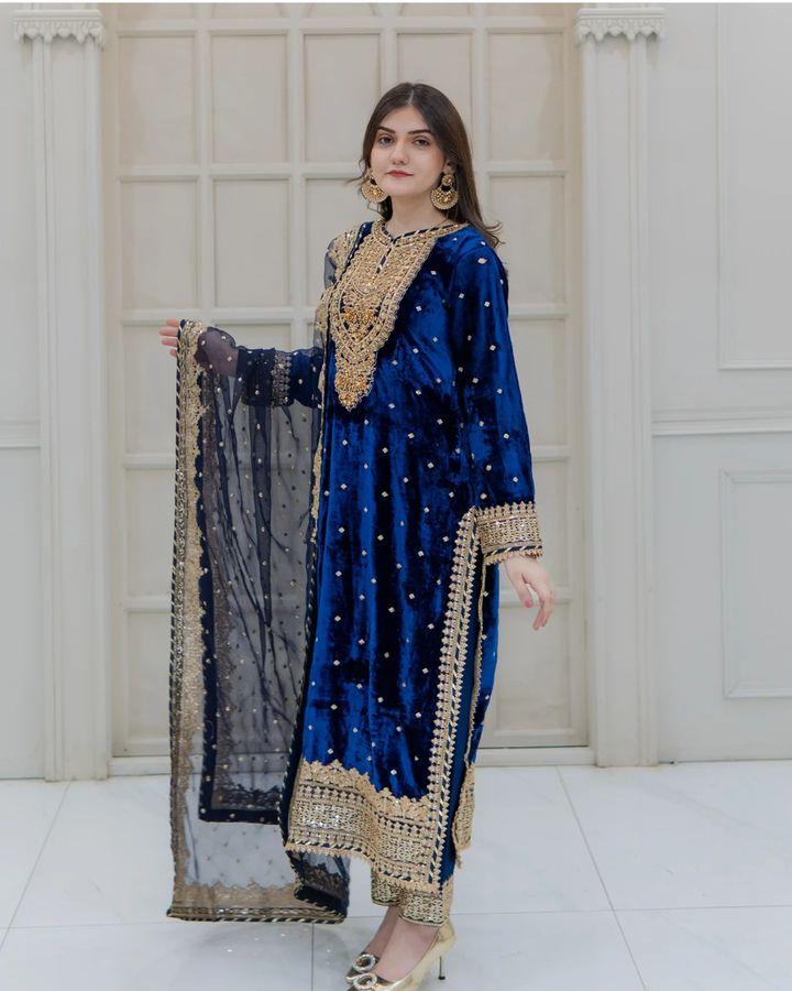 Fantastic Blue Color Velvet Embroidery Work Salwar Suit