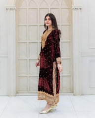 Fantastic Maroon Color Velvet Embroidery Work Salwar Suit