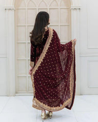 Fantastic Maroon Color Velvet Embroidery Work Salwar Suit