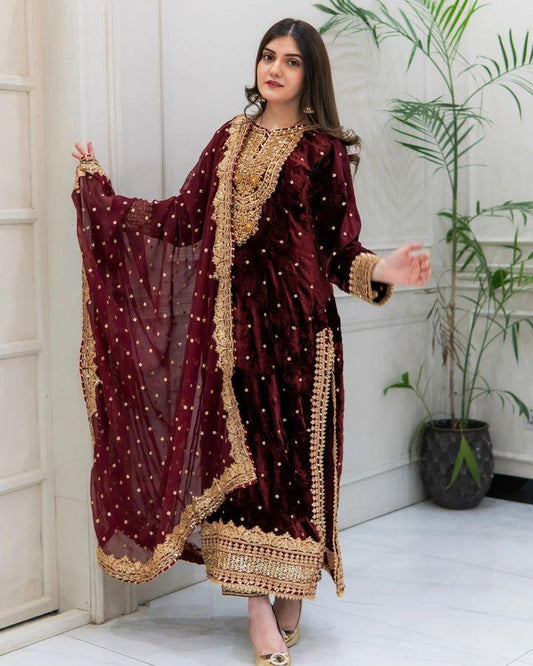 Fantastic Maroon Color Velvet Embroidery Work Salwar Suit