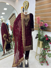 Fantastic Maroon Color Velvet Embroidery Work Salwar Suit