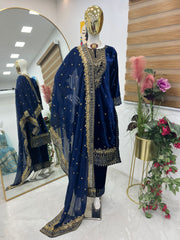 Fantastic Navy Blue Color Velvet Embroidery Work Salwar Suit