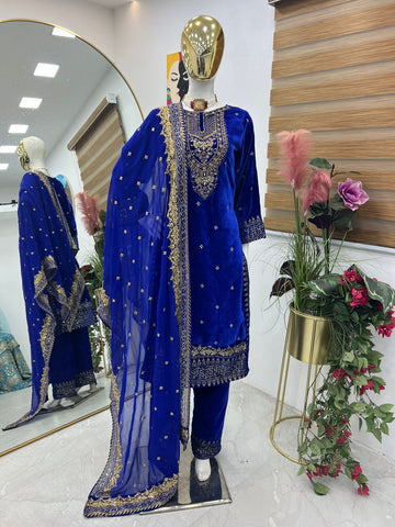 Fantastic Blue Color Velvet Embroidery Work Salwar Suit