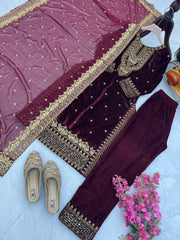 Fantastic Maroon Color Velvet Embroidery Work Salwar Suit