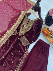 Fantastic Maroon Color Velvet Embroidery Work Salwar Suit