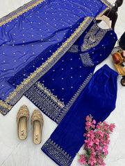 Fantastic Blue Color Velvet Embroidery Work Salwar Suit