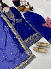 Fantastic Blue Color Velvet Embroidery Work Salwar Suit