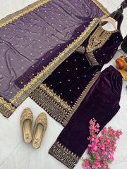 Fantastic Wine Color Velvet Embroidery Work Salwar Suit