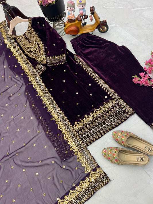 Fantastic Wine Color Velvet Embroidery Work Salwar Suit