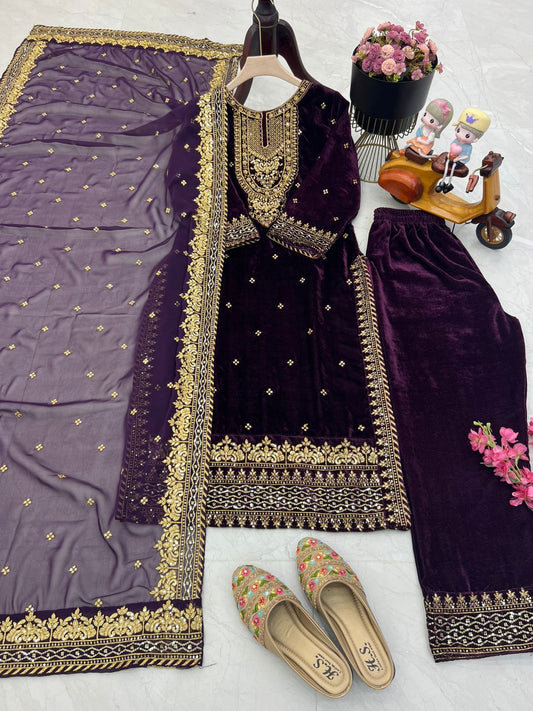 Fantastic Wine Color Velvet Embroidery Work Salwar Suit