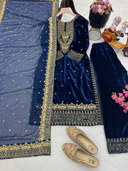 Fantastic Navy Blue Color Velvet Embroidery Work Salwar Suit