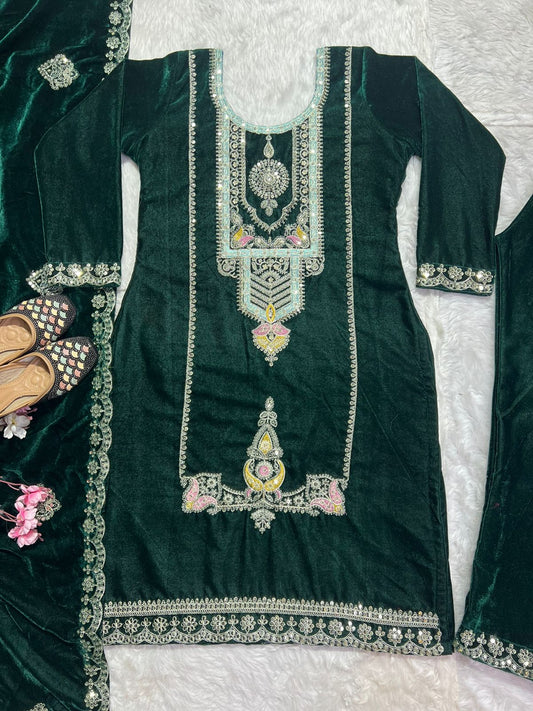 Demanding Embroidery Sequence Work Green Color Velvet Suit