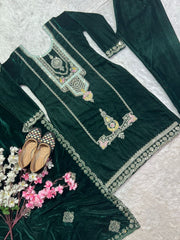 Demanding Embroidery Sequence Work Green Color Velvet Suit