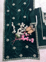 Demanding Embroidery Sequence Work Green Color Velvet Suit