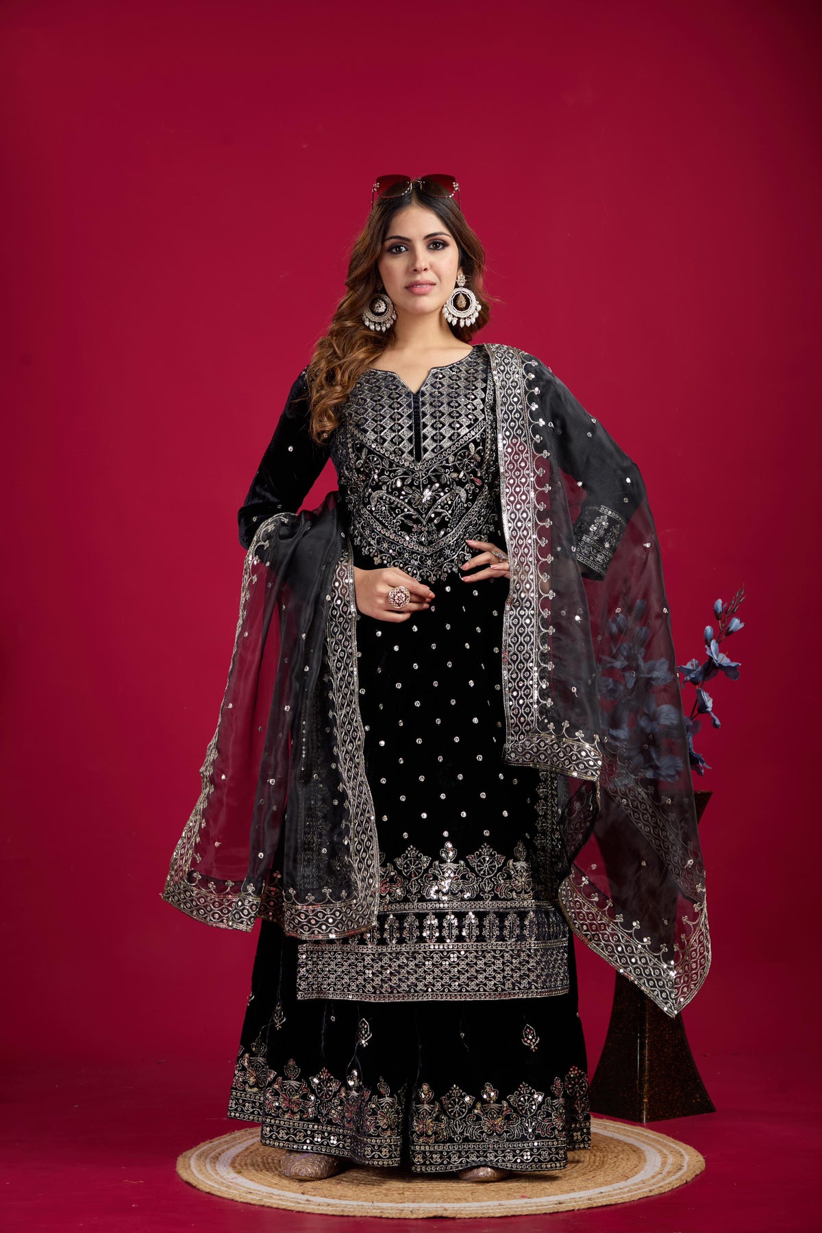 Fantastic Velvet Sequence Work Black Color Top With Plazzo Suit